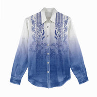 Philippines Barong Style Women Casual Shirt with Polynesian Art and Leaf Motif Blue Color