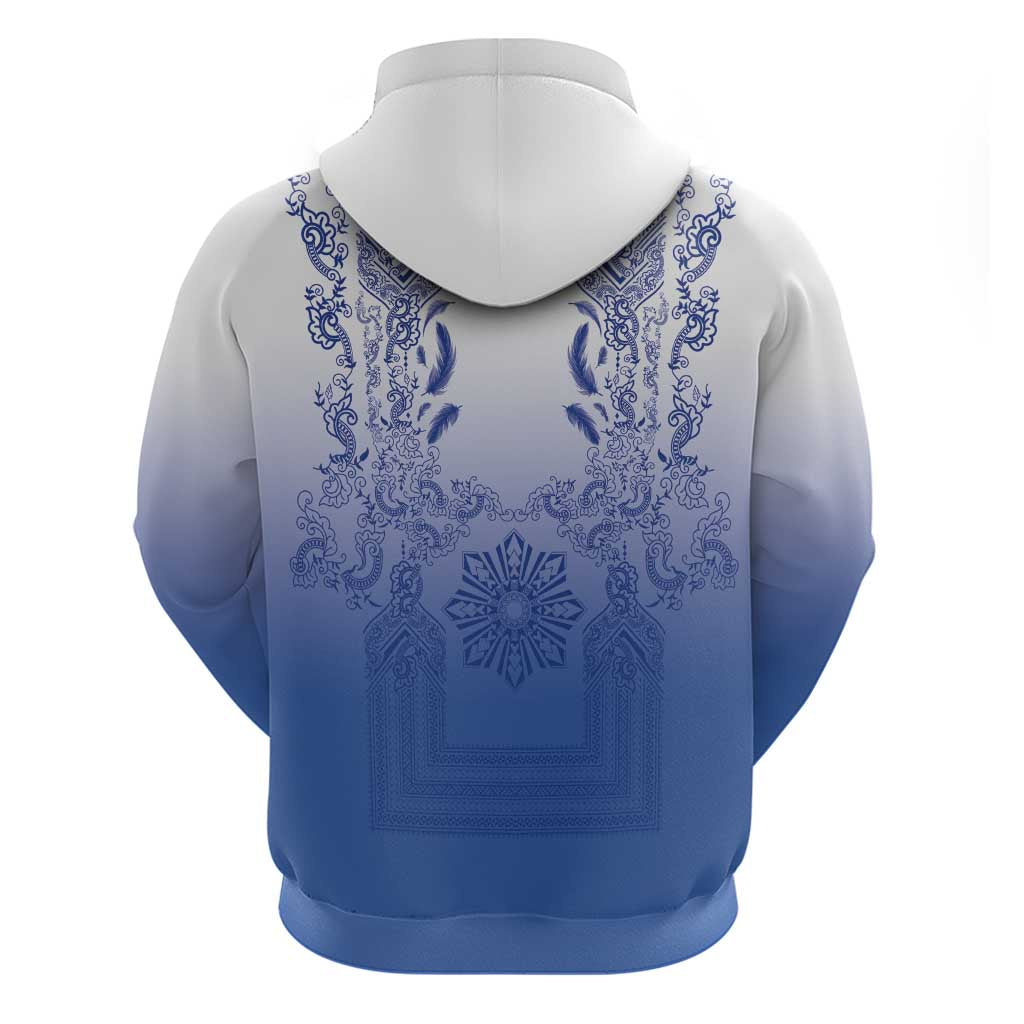 Philippines Barong Style Zip Hoodie with Polynesian Art and Leaf Motif Blue Color