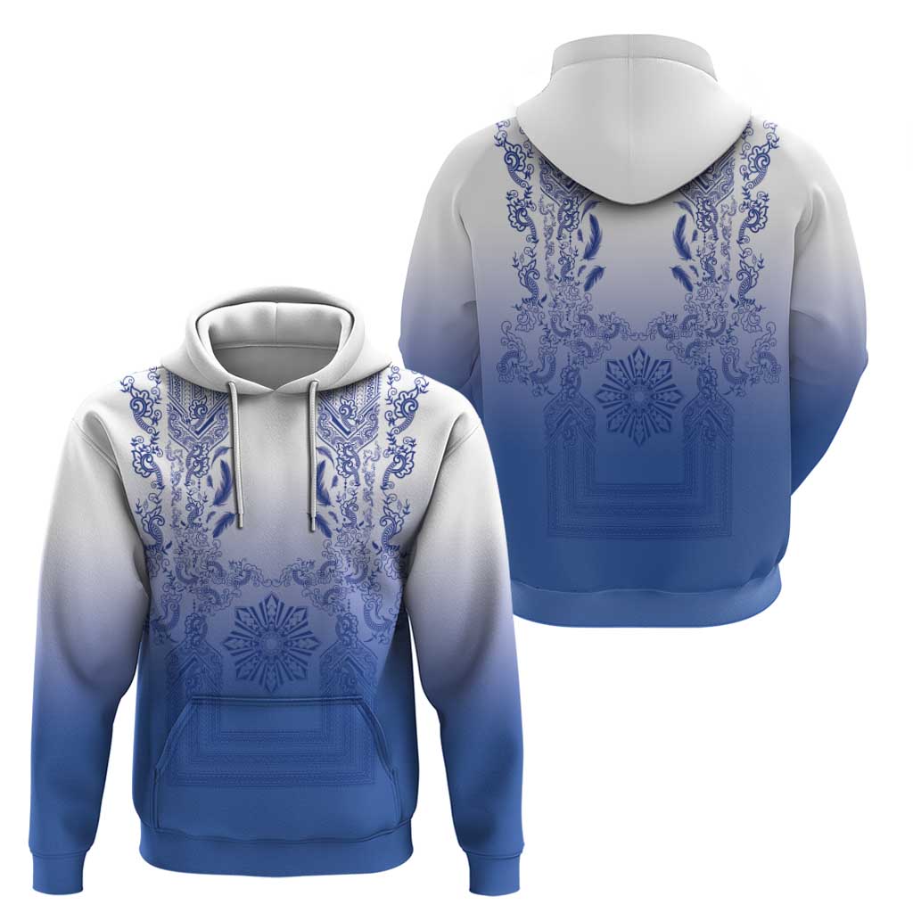 Philippines Barong Style Zip Hoodie with Polynesian Art and Leaf Motif Blue Color