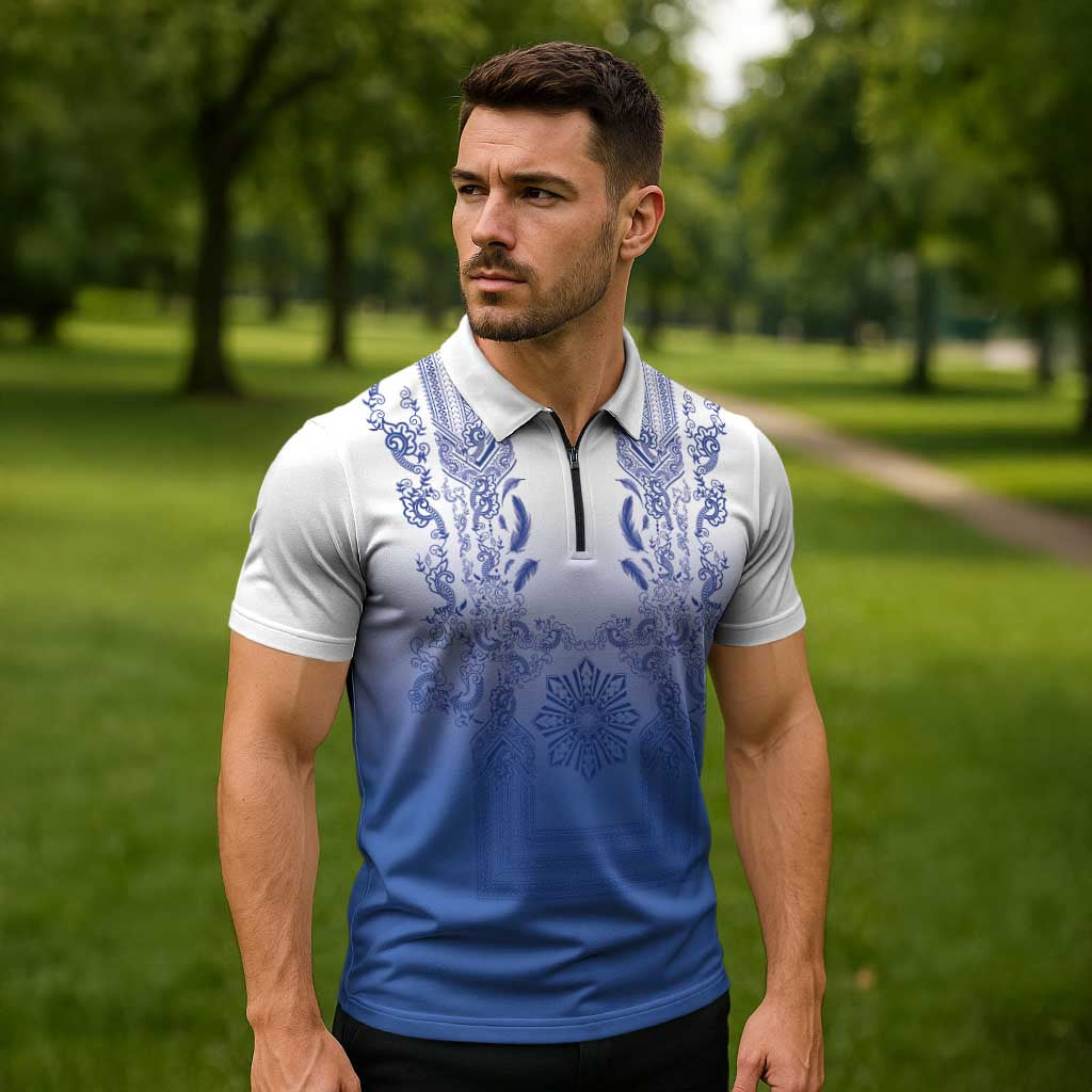 Philippines Barong Style Zipper Polo Shirt with Polynesian Art and Leaf Motif Blue Color