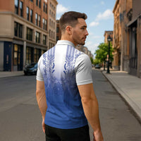 Philippines Barong Style Zipper Polo Shirt with Polynesian Art and Leaf Motif Blue Color