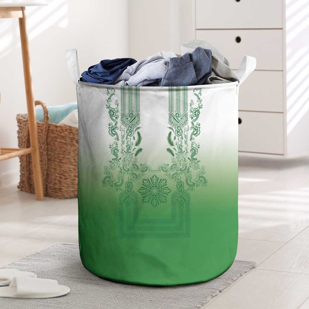 Philippines Barong Style Laundry Basket with Polynesian Art and Leaf Motif Green Color
