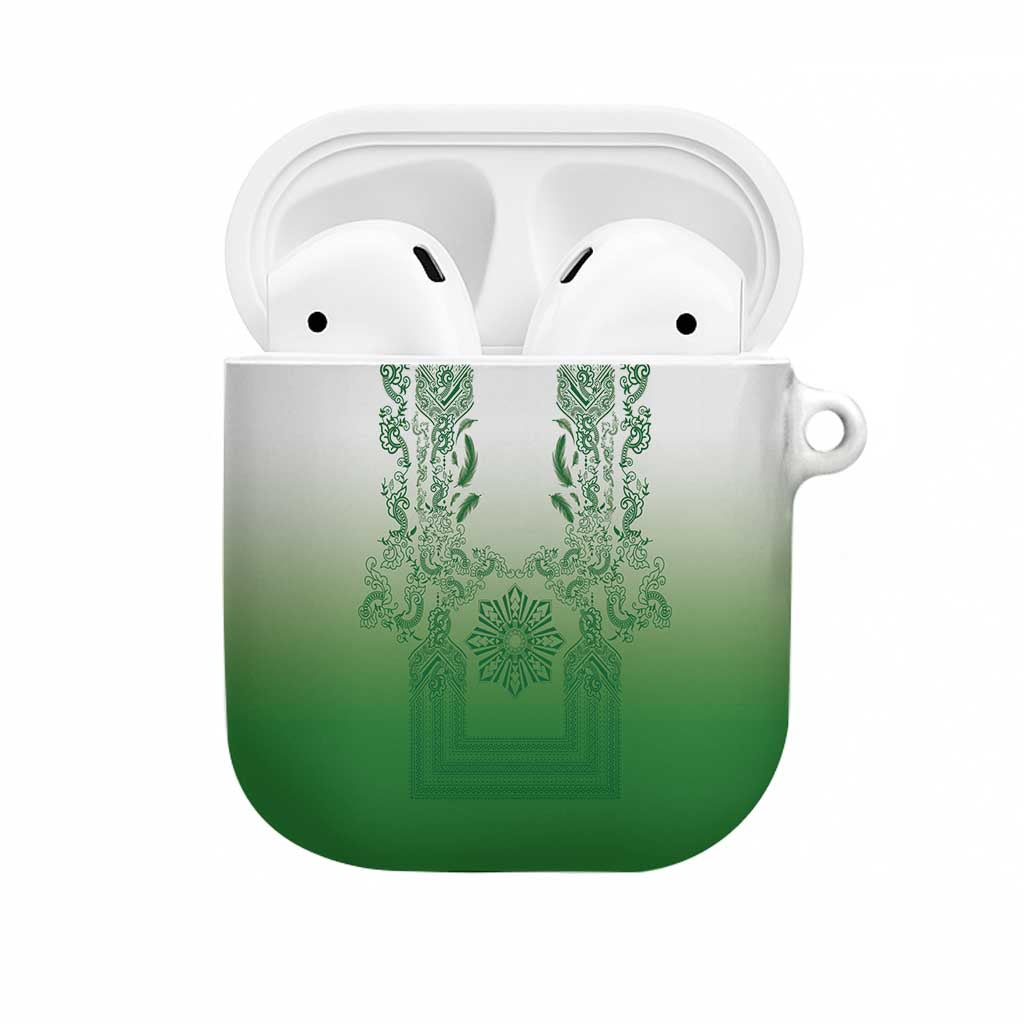 Philippines Barong Style AirPods Case with Polynesian Art and Leaf Motif Green Color