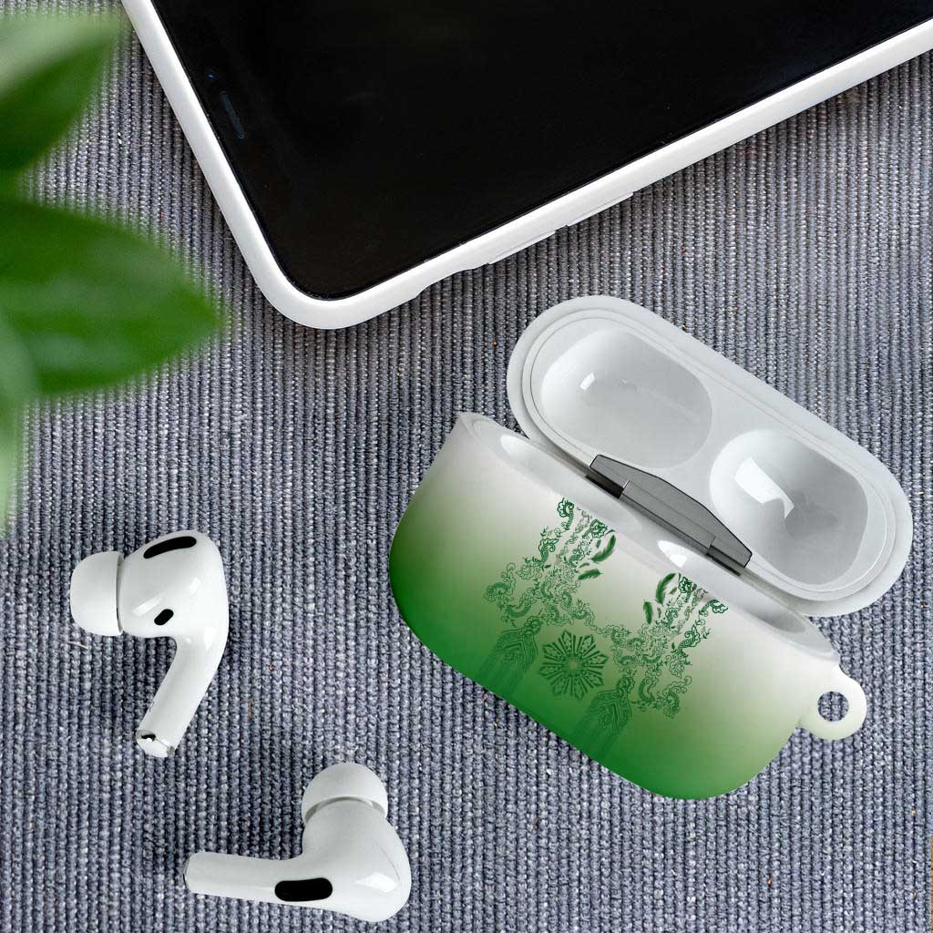Philippines Barong Style AirPods Case with Polynesian Art and Leaf Motif Green Color