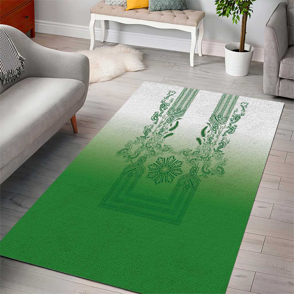 Philippines Barong Style Area Rug with Polynesian Art and Leaf Motif Green Color