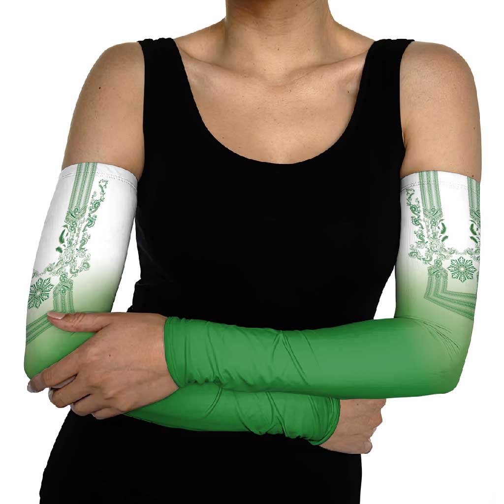 Philippines Barong Style Arm Sleeves with Polynesian Art and Leaf Motif Green Color