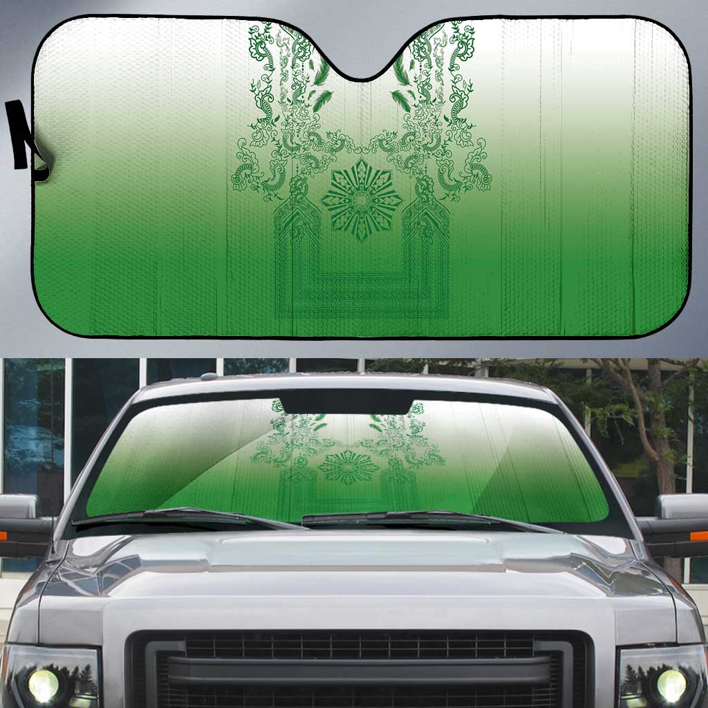 Philippines Barong Style Auto Sun Shade with Polynesian Art and Leaf Motif Green Color