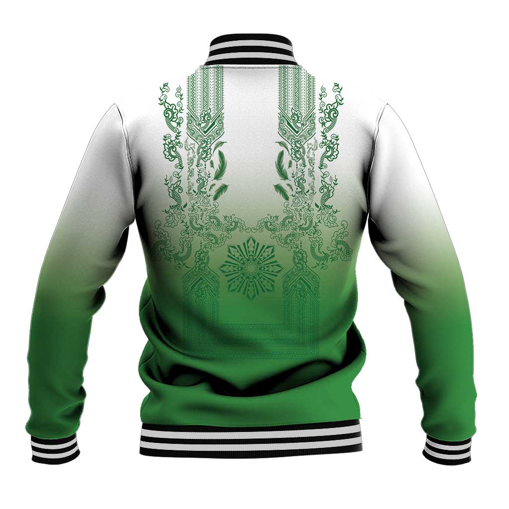 Philippines Barong Style Baseball Jacket with Polynesian Art and Leaf Motif Green Color
