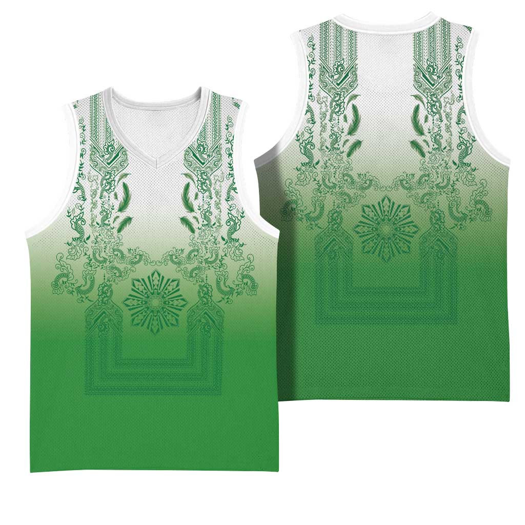 Philippines Barong Style Basketball Jersey with Polynesian Art and Leaf Motif Green Color