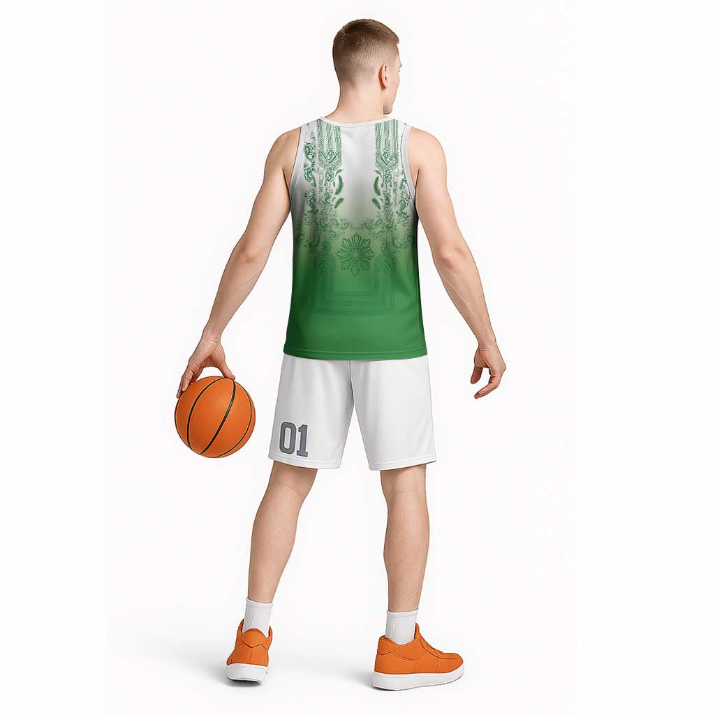 Philippines Barong Style Basketball Jersey with Polynesian Art and Leaf Motif Green Color