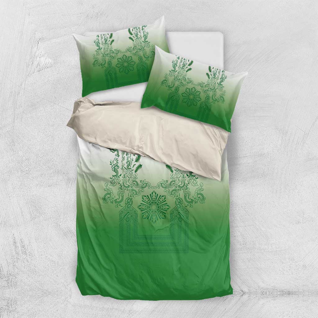 Philippines Barong Style Bedding Set with Polynesian Art and Leaf Motif Green Color