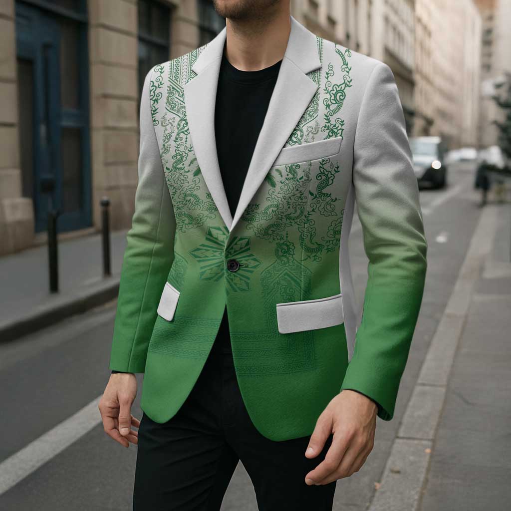 Philippines Barong Style Blazer with Polynesian Art and Leaf Motif Green Color