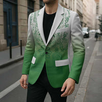 Philippines Barong Style Blazer with Polynesian Art and Leaf Motif Green Color