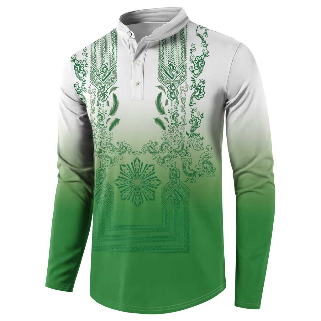 Philippines Barong Style Button Sweatshirt with Polynesian Art and Leaf Motif Green Color