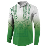 Philippines Barong Style Button Sweatshirt with Polynesian Art and Leaf Motif Green Color
