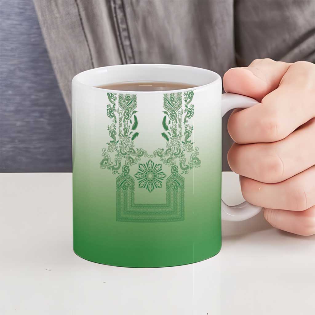 Philippines Barong Style Ceramic Mug with Polynesian Art and Leaf Motif Green Color