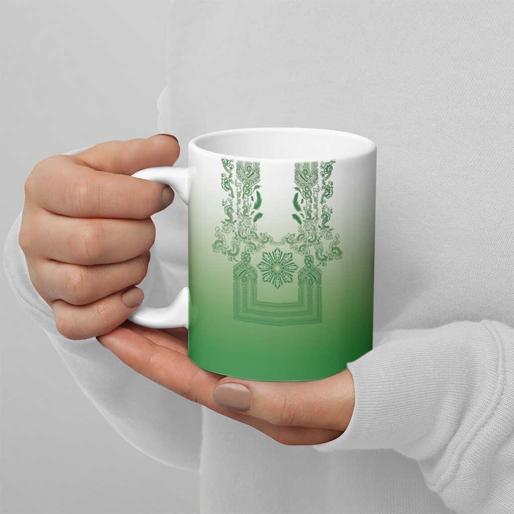 Philippines Barong Style Ceramic Mug with Polynesian Art and Leaf Motif Green Color