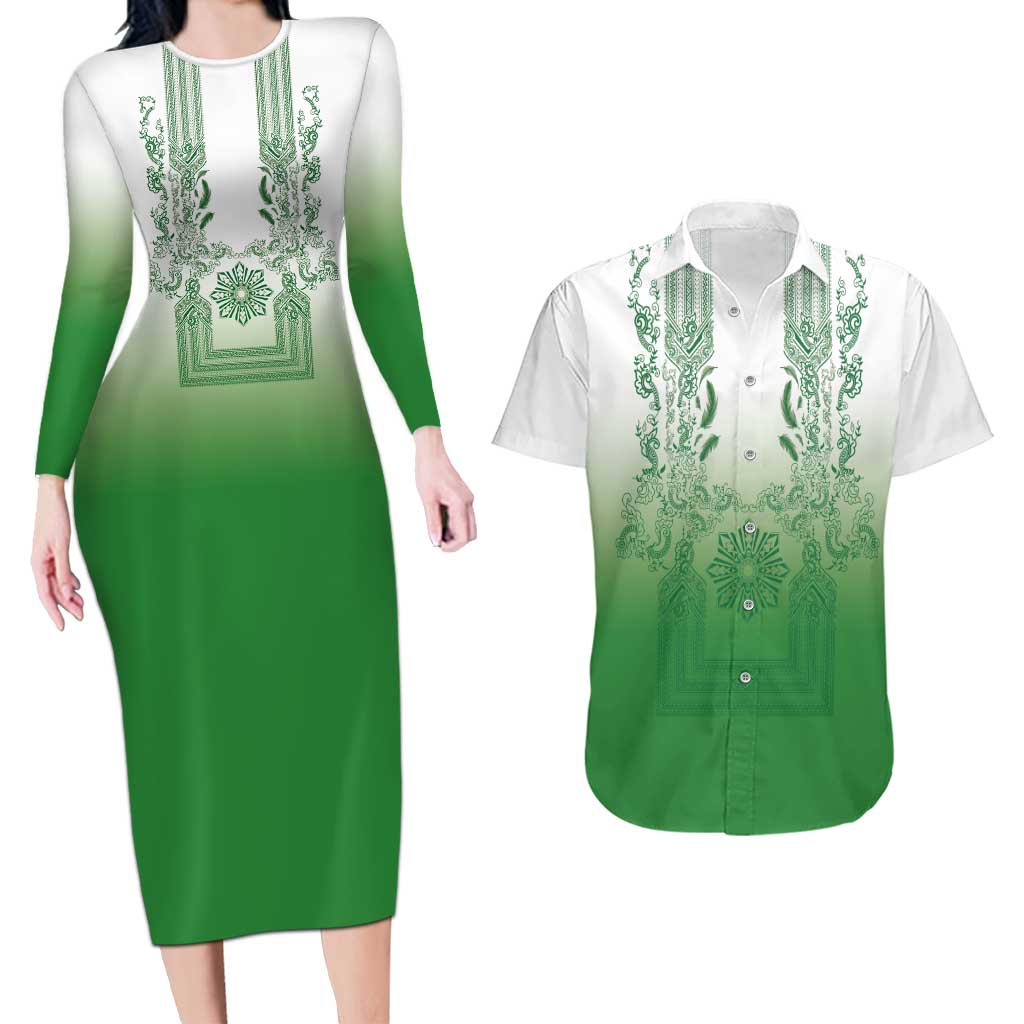 Philippines Barong Style Couples Matching Long Sleeve Bodycon Dress and Hawaiian Shirt with Polynesian Art and Leaf Motif Green Color LT03 Green - Polynesian Pride
