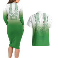 Philippines Barong Style Couples Matching Long Sleeve Bodycon Dress and Hawaiian Shirt with Polynesian Art and Leaf Motif Green Color LT03 - Polynesian Pride