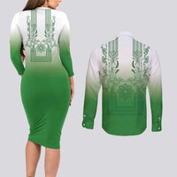 Philippines Barong Style Couples Matching Long Sleeve Bodycon Dress and Long Sleeve Button Shirt with Polynesian Art and Leaf Motif Green Color LT03 - Polynesian Pride