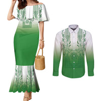 Philippines Barong Style Couples Matching Mermaid Dress and Long Sleeve Button Shirt with Polynesian Art and Leaf Motif Green Color