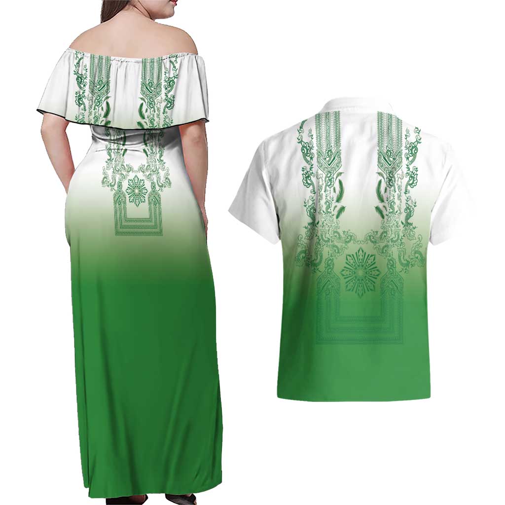 Philippines Barong Style Couples Matching Off Shoulder Maxi Dress and Hawaiian Shirt with Polynesian Art and Leaf Motif Green Color