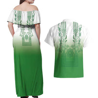 Philippines Barong Style Couples Matching Off Shoulder Maxi Dress and Hawaiian Shirt with Polynesian Art and Leaf Motif Green Color
