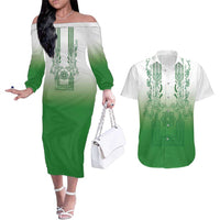 Philippines Barong Style Couples Matching Off The Shoulder Long Sleeve Dress and Hawaiian Shirt with Polynesian Art and Leaf Motif Green Color LT03 Green - Polynesian Pride
