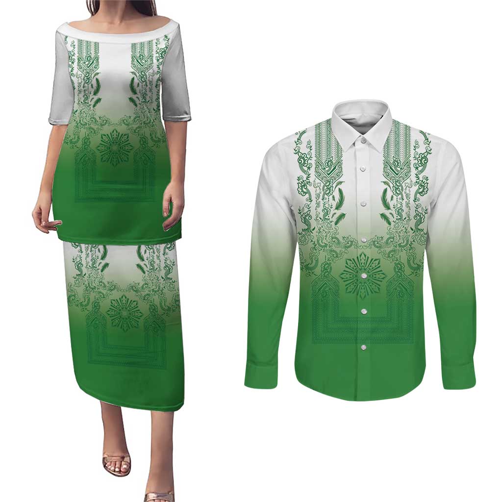 Philippines Barong Style Couples Matching Puletasi and Long Sleeve Button Shirt with Polynesian Art and Leaf Motif Green Color LT03 Green - Polynesian Pride