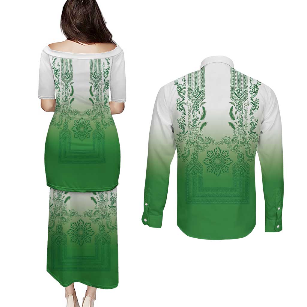 Philippines Barong Style Couples Matching Puletasi and Long Sleeve Button Shirt with Polynesian Art and Leaf Motif Green Color LT03 - Polynesian Pride