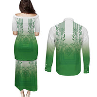 Philippines Barong Style Couples Matching Puletasi and Long Sleeve Button Shirt with Polynesian Art and Leaf Motif Green Color LT03 - Polynesian Pride