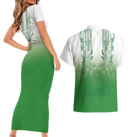 Philippines Barong Style Couples Matching Short Sleeve Bodycon Dress and Hawaiian Shirt with Polynesian Art and Leaf Motif Green Color LT03 - Polynesian Pride