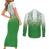 Philippines Barong Style Couples Matching Short Sleeve Bodycon Dress and Long Sleeve Button Shirt with Polynesian Art and Leaf Motif Green Color LT03 - Polynesian Pride