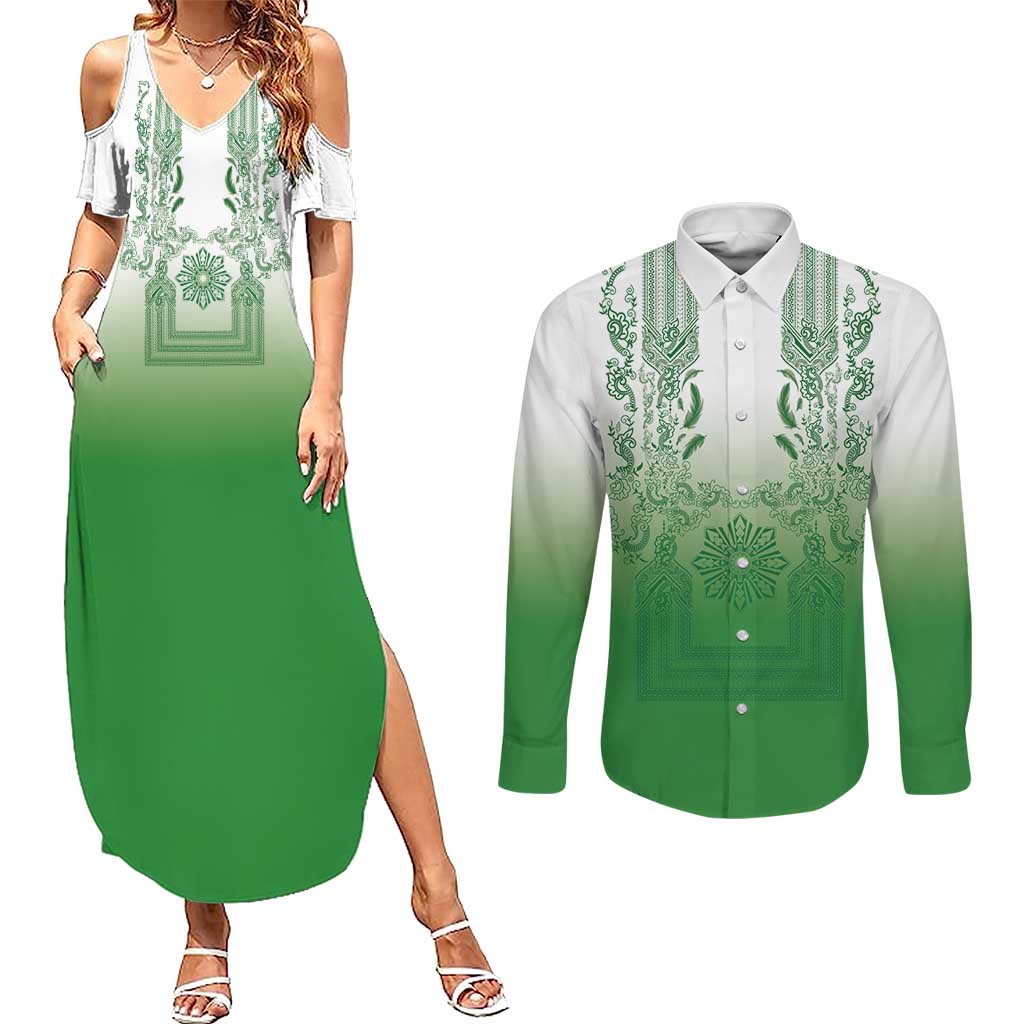 Philippines Barong Style Couples Matching Summer Maxi Dress and Long Sleeve Button Shirt with Polynesian Art and Leaf Motif Green Color