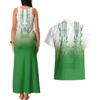 Philippines Barong Style Couples Matching Tank Maxi Dress and Hawaiian Shirt with Polynesian Art and Leaf Motif Green Color LT03 - Polynesian Pride