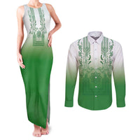 Philippines Barong Style Couples Matching Tank Maxi Dress and Long Sleeve Button Shirt with Polynesian Art and Leaf Motif Green Color
