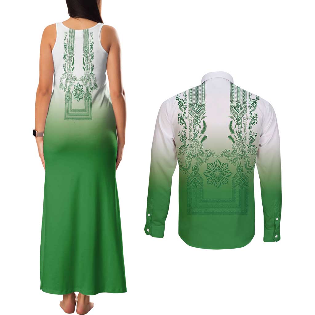 Philippines Barong Style Couples Matching Tank Maxi Dress and Long Sleeve Button Shirt with Polynesian Art and Leaf Motif Green Color
