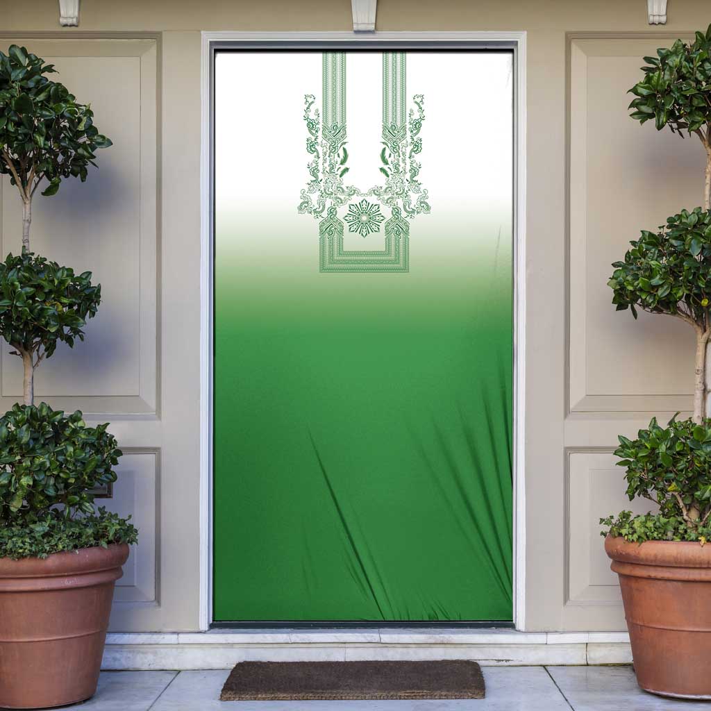 Philippines Barong Style Door Cover with Polynesian Art and Leaf Motif Green Color
