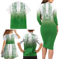 Philippines Barong Style Family Matching Long Sleeve Bodycon Dress and Hawaiian Shirt with Polynesian Art and Leaf Motif Green Color LT03 - Polynesian Pride