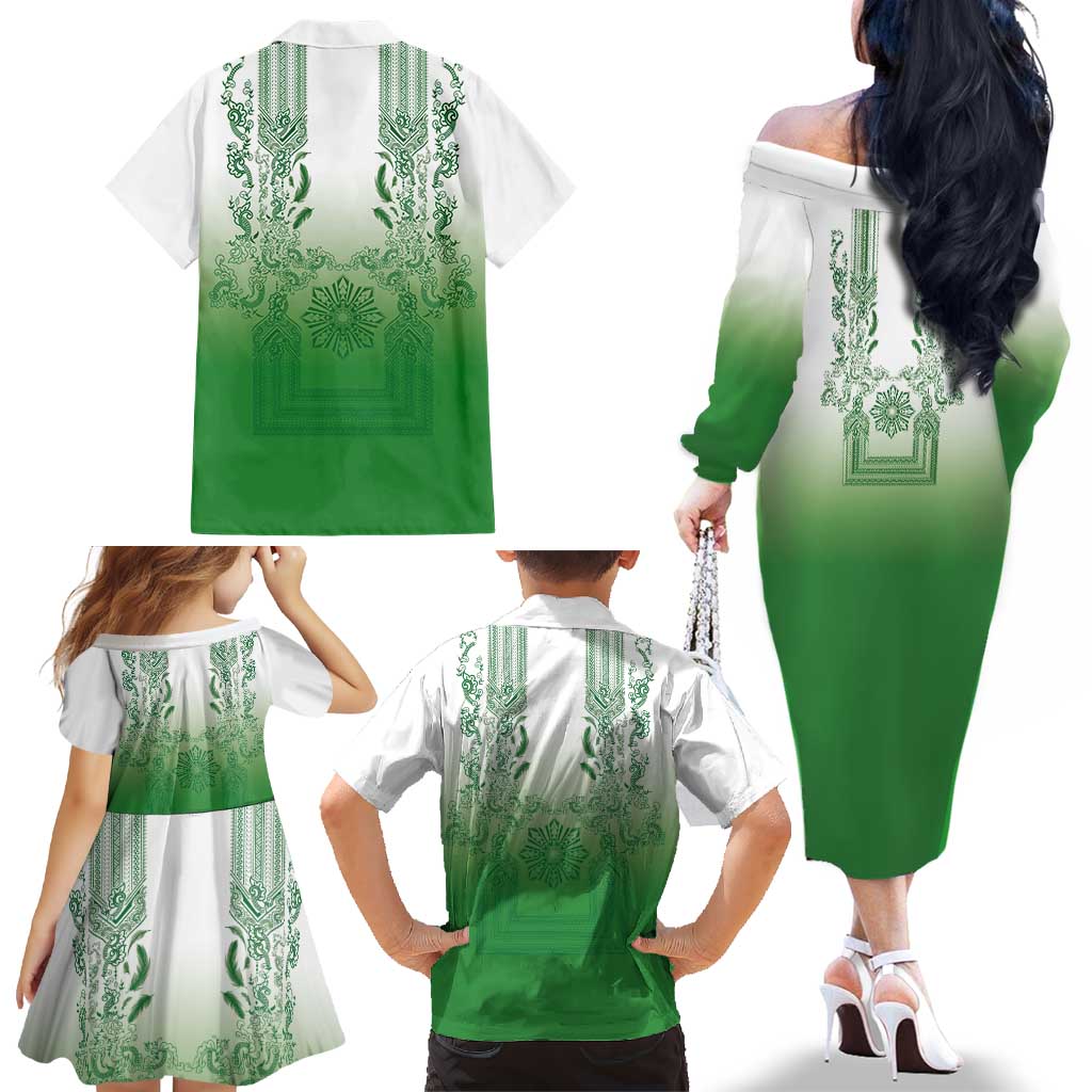 Philippines Barong Style Family Matching Off The Shoulder Long Sleeve Dress and Hawaiian Shirt with Polynesian Art and Leaf Motif Green Color LT03 - Polynesian Pride