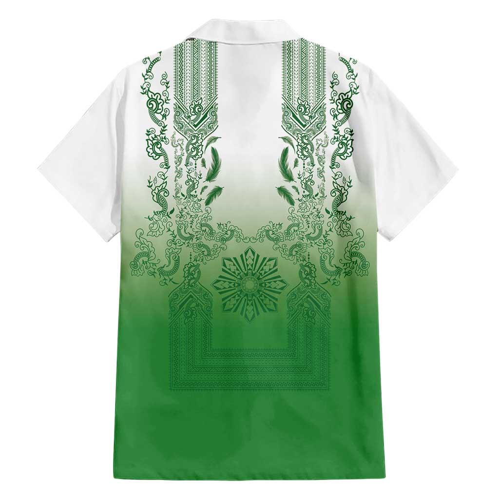 Philippines Barong Style Family Matching Off The Shoulder Long Sleeve Dress and Hawaiian Shirt with Polynesian Art and Leaf Motif Green Color LT03 - Polynesian Pride