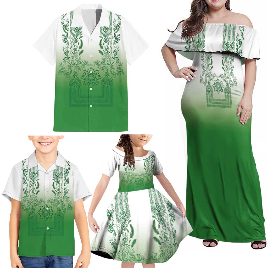 Philippines Barong Style Family Matching Off Shoulder Maxi Dress and Hawaiian Shirt with Polynesian Art and Leaf Motif Green Color LT03 - Polynesian Pride