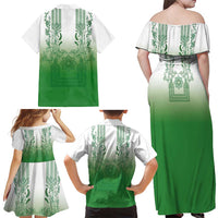 Philippines Barong Style Family Matching Off Shoulder Maxi Dress and Hawaiian Shirt with Polynesian Art and Leaf Motif Green Color LT03 - Polynesian Pride