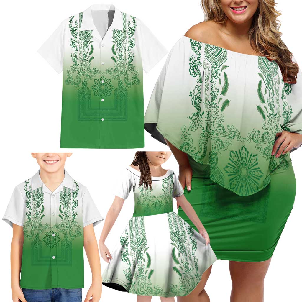 Philippines Barong Style Family Matching Off Shoulder Short Dress and Hawaiian Shirt with Polynesian Art and Leaf Motif Green Color LT03 - Polynesian Pride