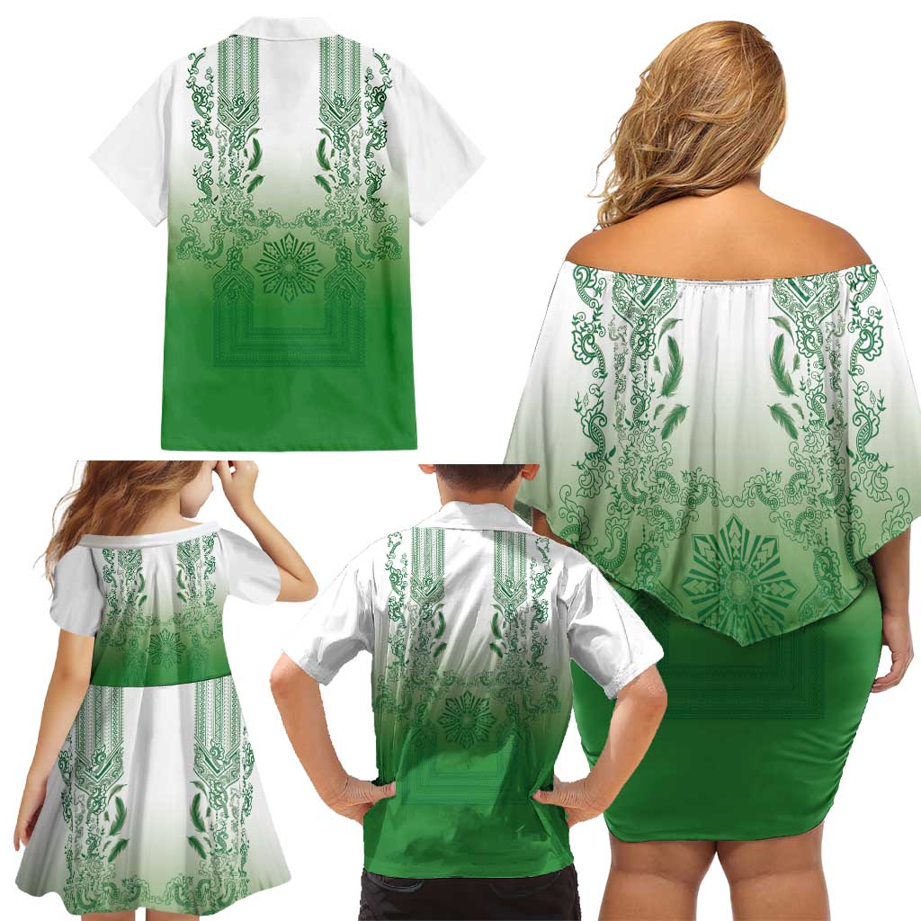 Philippines Barong Style Family Matching Off Shoulder Short Dress and Hawaiian Shirt with Polynesian Art and Leaf Motif Green Color LT03 - Polynesian Pride