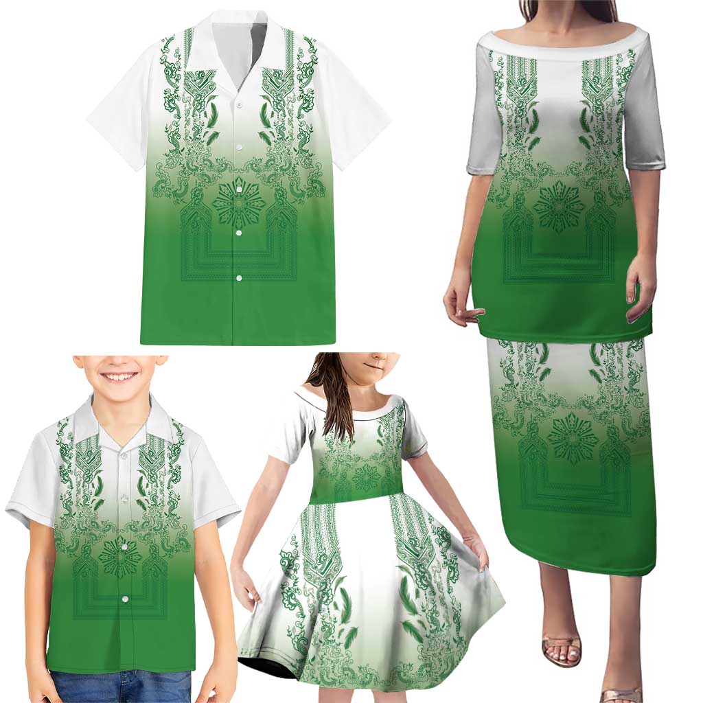 Philippines Barong Style Family Matching Puletasi and Hawaiian Shirt with Polynesian Art and Leaf Motif Green Color LT03 - Polynesian Pride