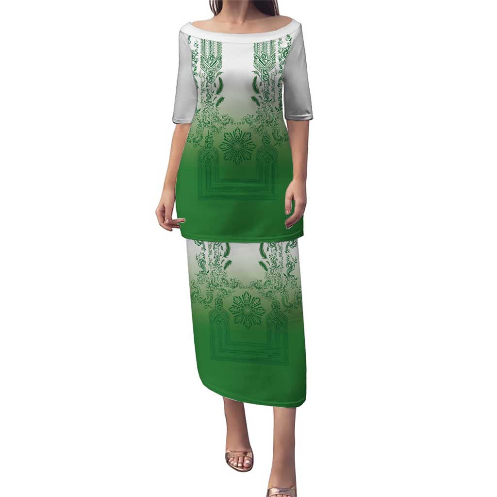 Philippines Barong Style Family Matching Puletasi and Hawaiian Shirt with Polynesian Art and Leaf Motif Green Color LT03 Mom's Dress Green - Polynesian Pride