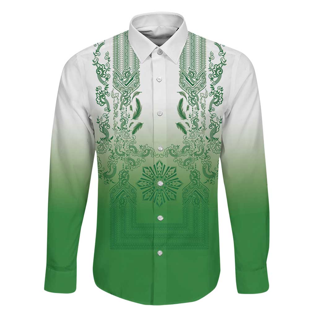 Philippines Barong Style Family Matching Tank Maxi Dress and Hawaiian Shirt with Polynesian Art and Leaf Motif Green Color LT03 Dad's Shirt - Long Sleeve Green - Polynesian Pride