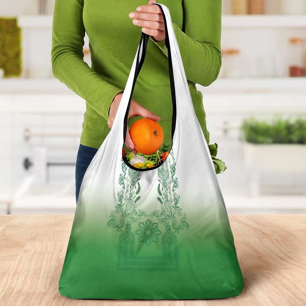 Philippines Barong Style Grocery Bag with Polynesian Art and Leaf Motif Green Color