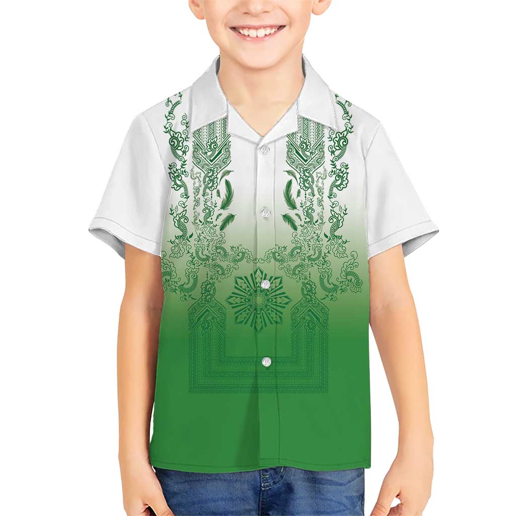Philippines Barong Style Hawaiian Shirt with Polynesian Art and Leaf Motif Green Color